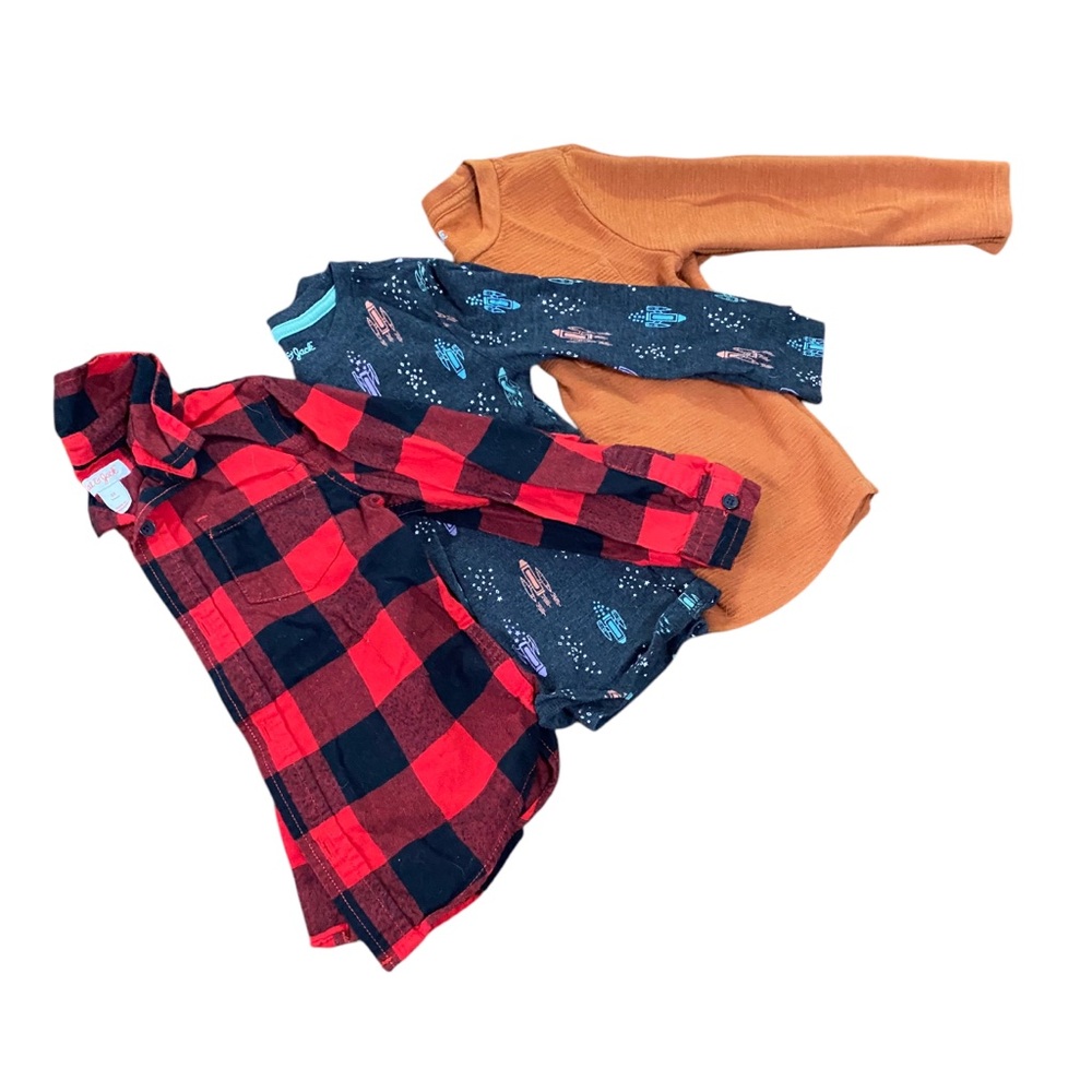 Kids Shirts Bundle 4T Long Sleeve 3 Piece Lot Cat and Jack Space Plaid Orange